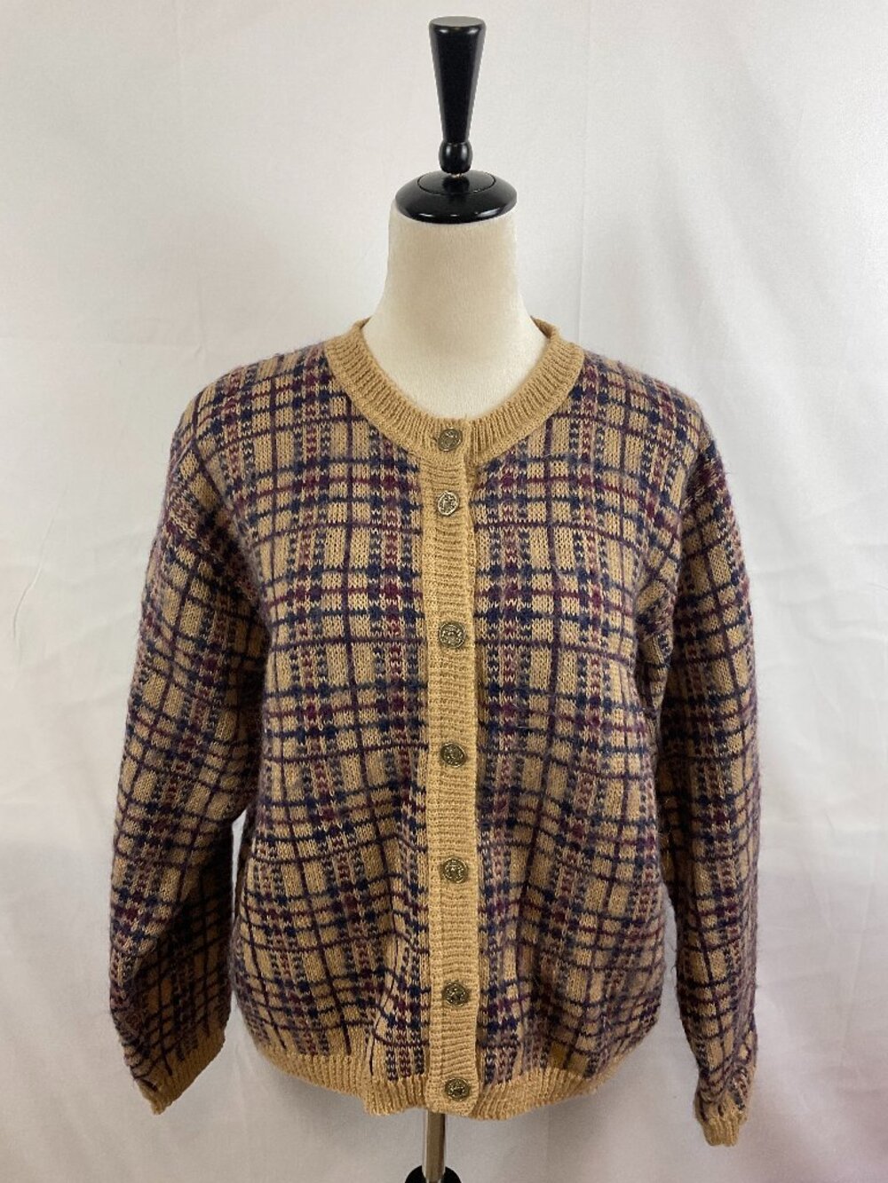 Edinburgh Heritage Full Button Cardigan L Beige Dark Blue Wine Plaid Long Sleeve